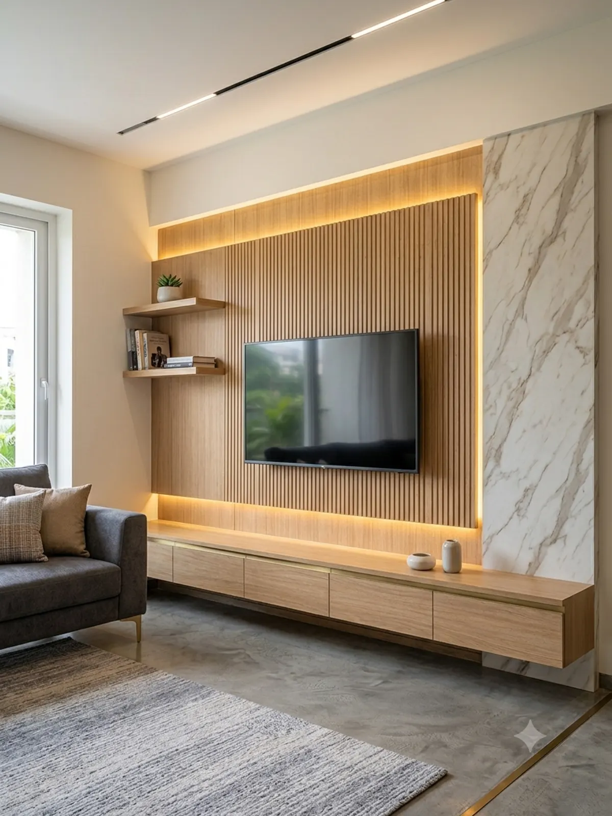 Wall-mounted TV unit with fluted panels