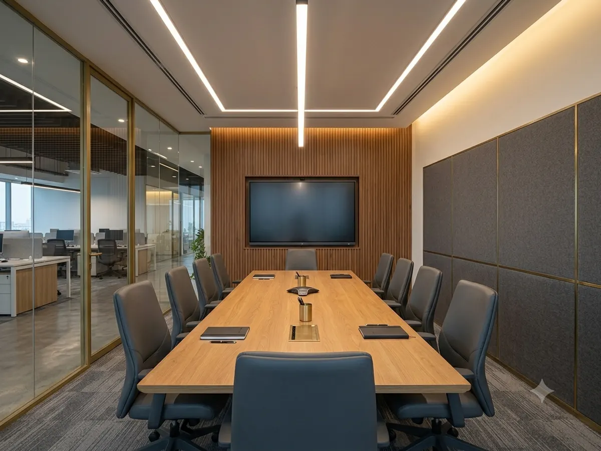 Conference room with long table and display screen