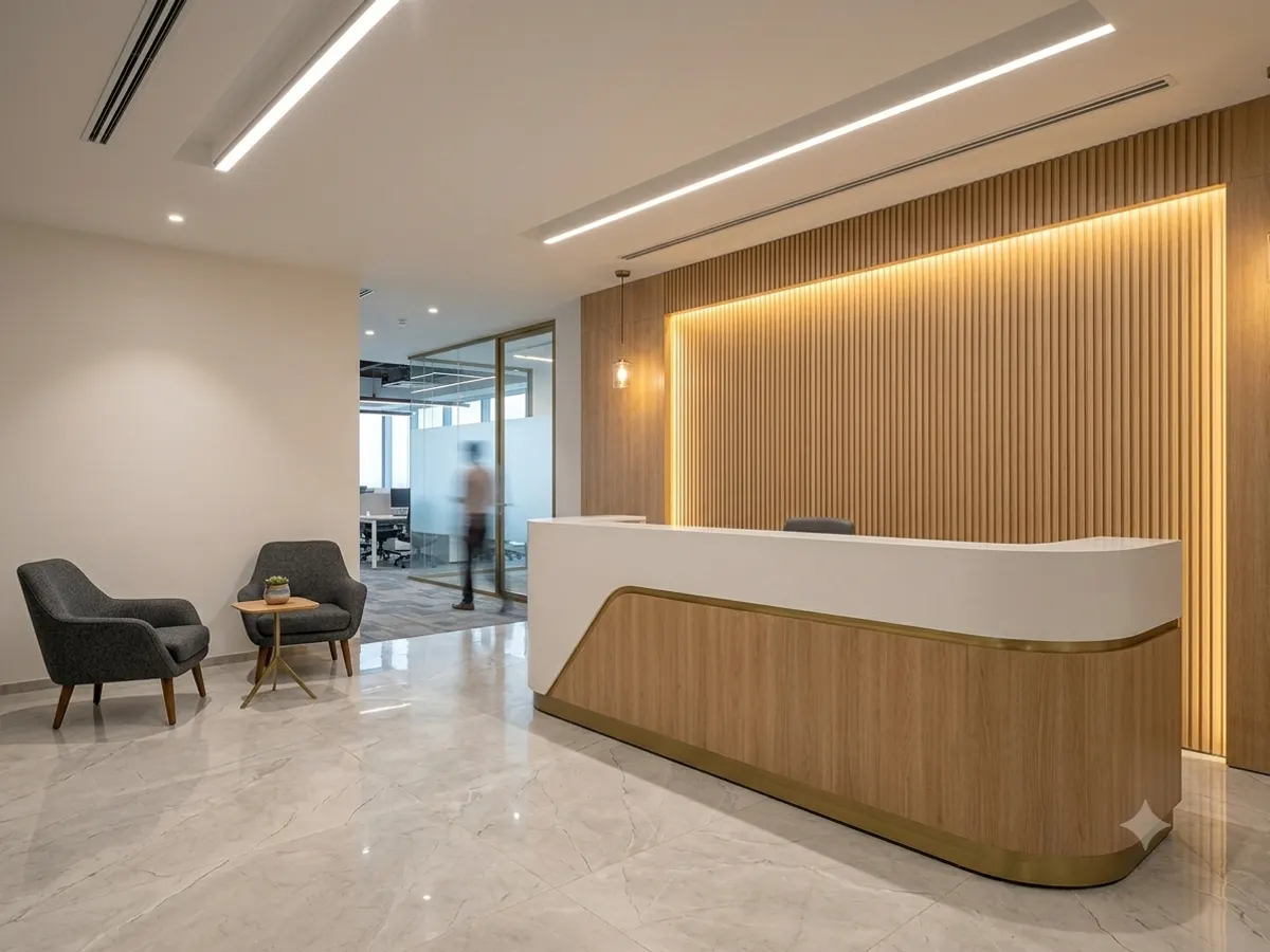 Office reception desk with feature wall