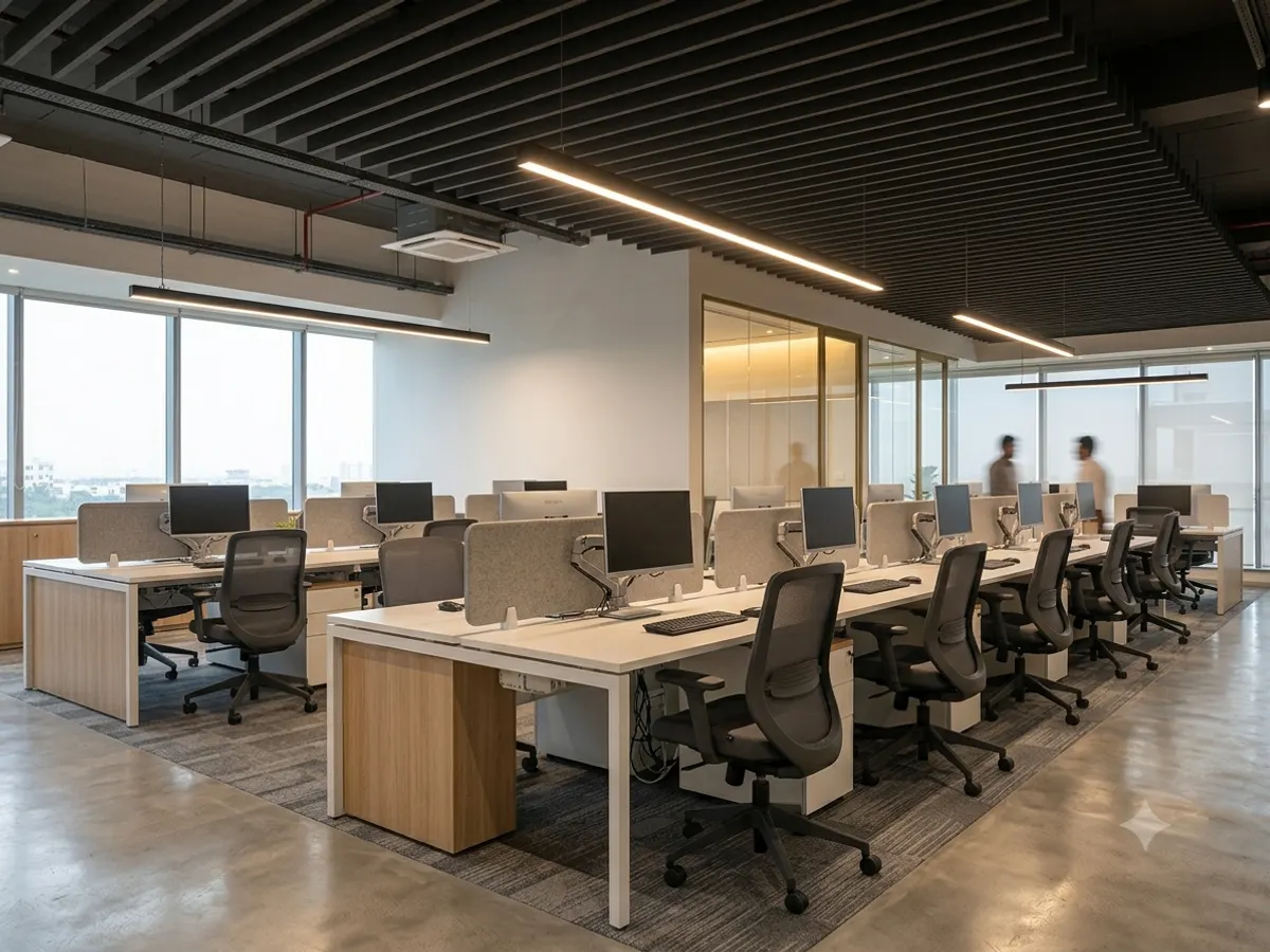 Rows of modern linear workstations